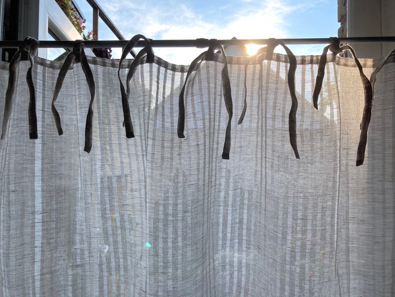 Sheer Striped Linen Curtain Panel Natural/white Tie Top Cafe Etsy