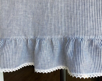 Ruffled Linen Kitchen Cafe Curtain Panel with Lace: White & Blue Striped or Undyed