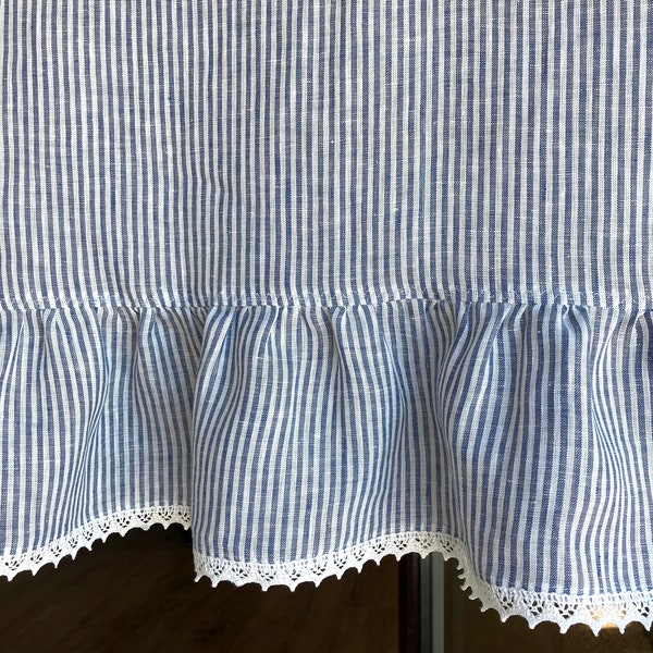 Ruffled cafe curtain panel, pure linen kitchen curtains, bathroom window drapery, natural undyed white blue striped, solid privacy curtains