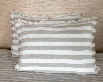 Linen Pillow Covers (Pair): Striped Ivory Cushion Cases with Fringe