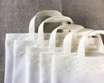 Linen tote bag with linen lace, wedding favor bag