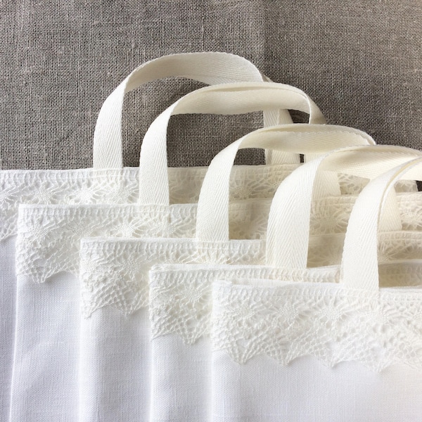 Linen tote bag with linen lace, wedding favor bag