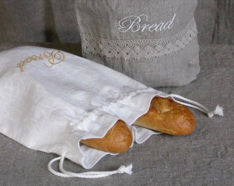 Embroidered bread bag, natural linen drawstring bag, reusable kitchen food storage bag for eco friendly living