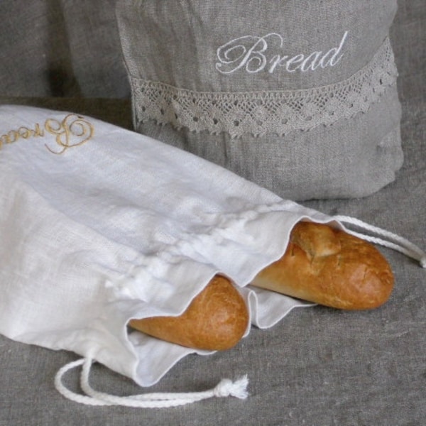 Embroidered bread bag, natural linen drawstring bag, reusable kitchen food storage bag for eco friendly living