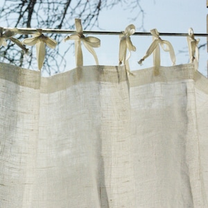 Tie top curtain panel, natural white rustic linen french style kitchen cafe curtains, bathroom window curtains