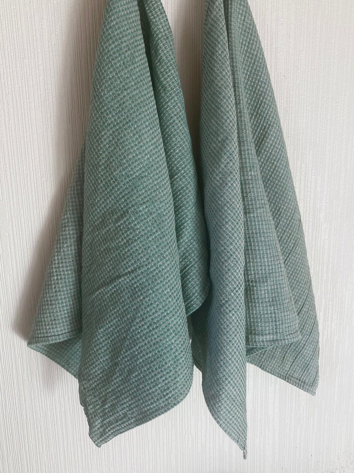 Green waffle kitchen towels pair of natural / green hand Etsy