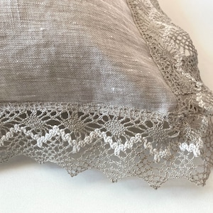 Natural undyed beige color linen pillow with a delicate scalloped lace trim. Custom made Euro sham.
