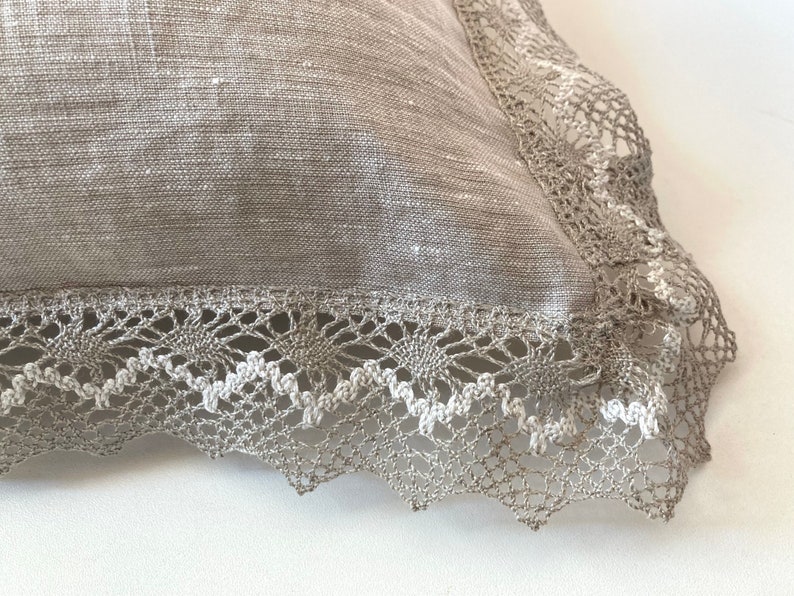 Natural undyed beige color linen pillow with a delicate scalloped lace trim. Custom made Euro sham.