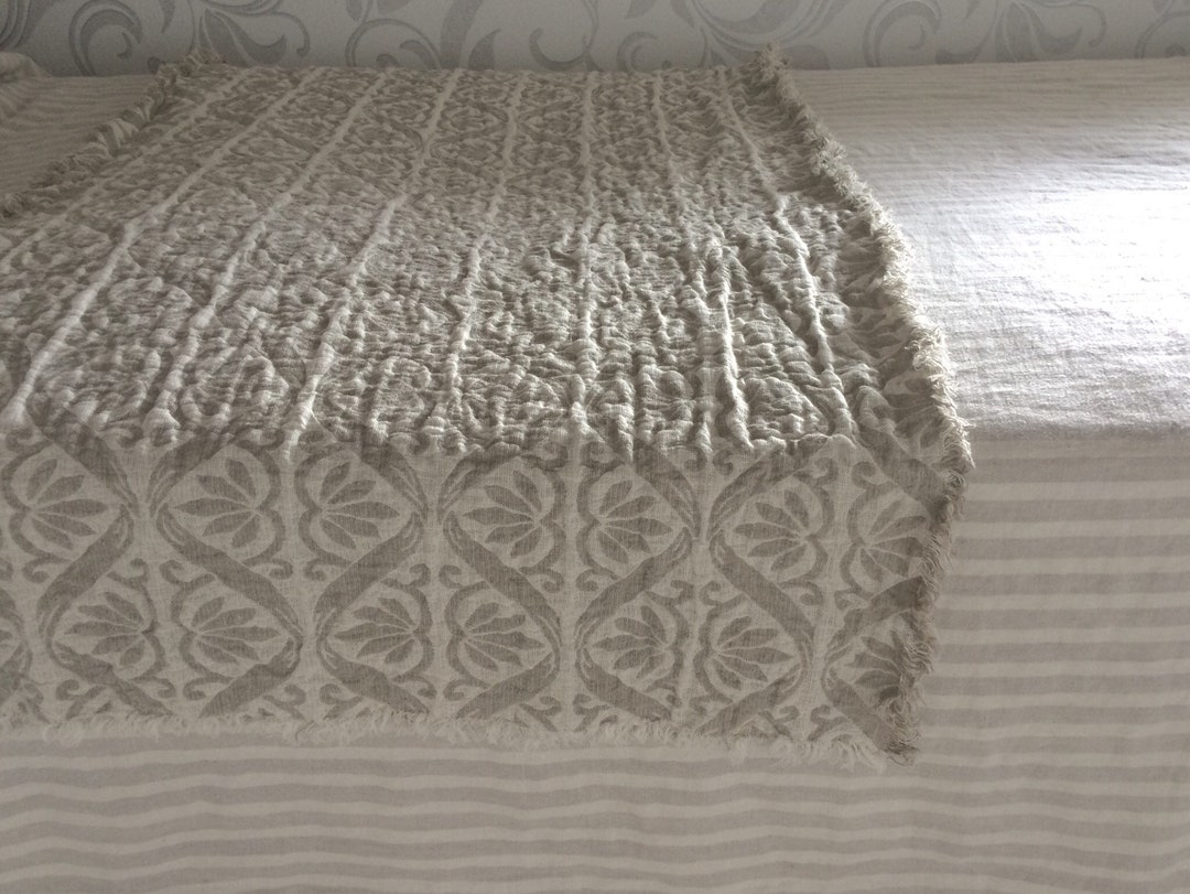 Pure Linen King Size Bed Scarf, Frayed Natural Beige off White Bed