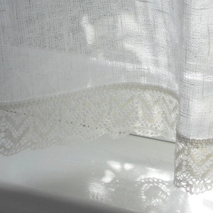 Linen cafe curtain, white rustic gauzy kitchen curtain panel with lace edge trim, valence in shabby chic french style