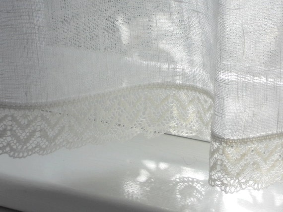 Linen Cafe Curtain White Rustic Gauzy Kitchen Curtain Panel Etsy