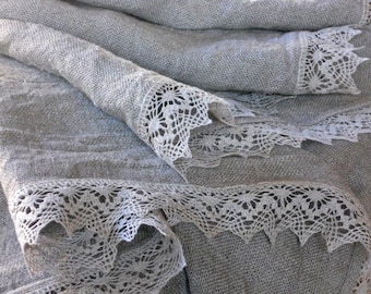 Rustic linen tablecloth, undyed beige or natural white ivory table cloth with lace, square 56 inch vintage style table cover, gift for home