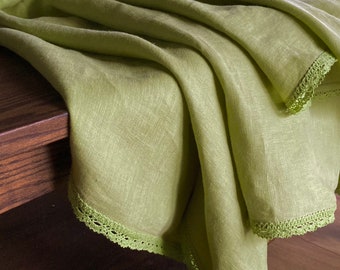 Soft green table cloth with lace, small green square tablecloth, pure flax coffee table cover, soft green natural linen fabric