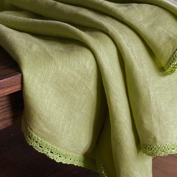 Soft green table cloth with lace, small green square tablecloth, pure flax coffee table cover, soft green natural linen fabric