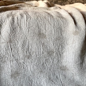 May include: Close-up of a light gray fabric with a textured floral pattern. The fabric is draped, showing folds and shadows. The overall appearance suggests a textile, possibly for home decor or clothing.