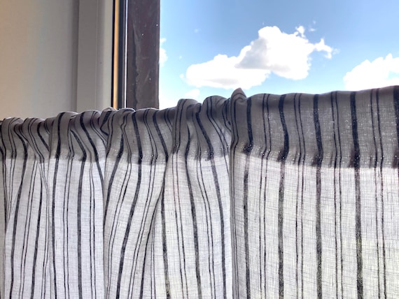 Striped Linen Kitchen Curtain Panel White Black Striped Cafe - Etsy