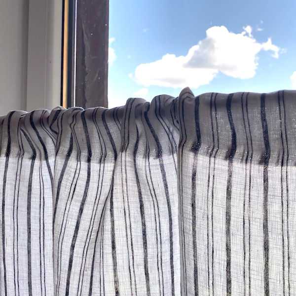 Striped linen kitchen curtain panel, white black striped cafe curtains, pure flax curtains, window drapery