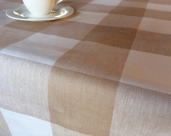 White beige brown checked tablecloths, custom made plaid flax cotton dinner table topper