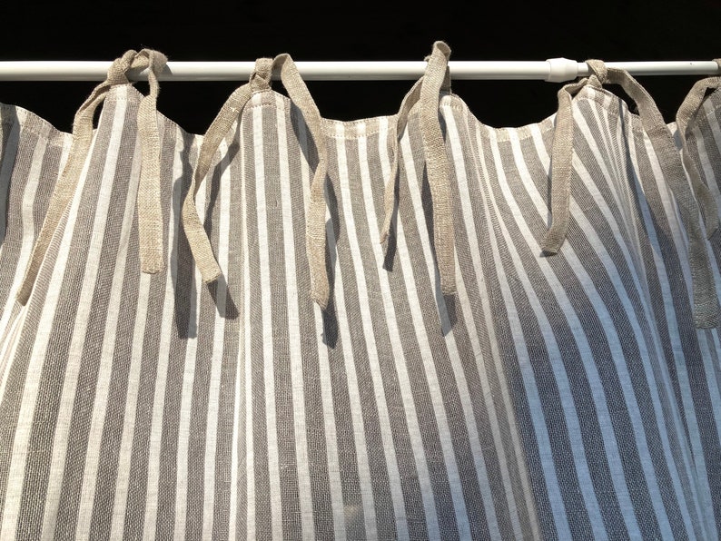 Sheer Striped Linen Curtain Panel Natural/white Tie Top Cafe Etsy
