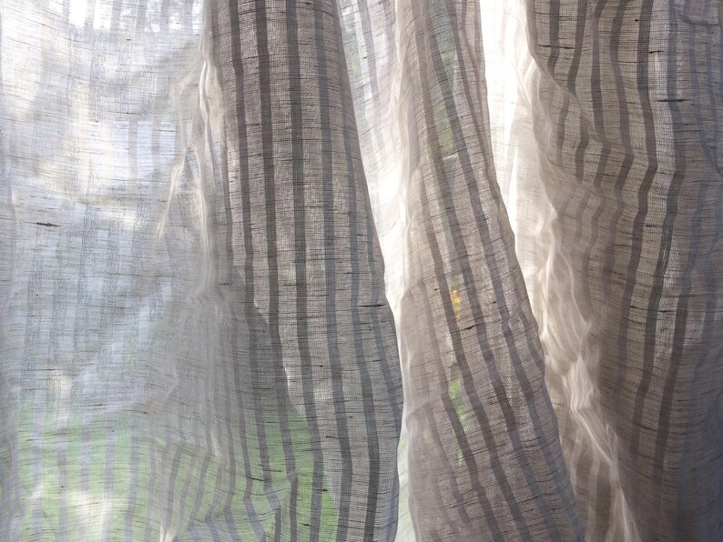 Sheer Striped Linen Curtain Panel Natural/white Tie Top Cafe Etsy