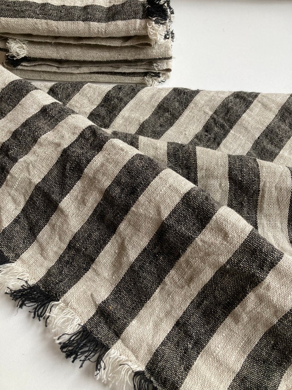 STRIPED LINEN KITCHEN TOWELS-BLACK - Privet House Supply