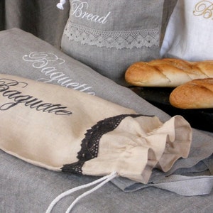 Linen baguette bag, embroidered bread bag, natural linen fabric drawstring bag, zero waste living