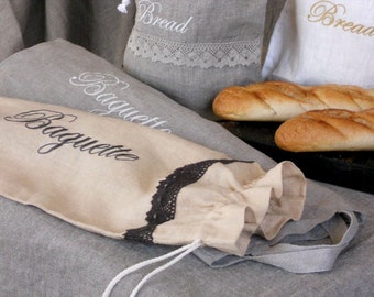Linen baguette bag, embroidered bread bag, natural linen fabric drawstring bag, zero waste living