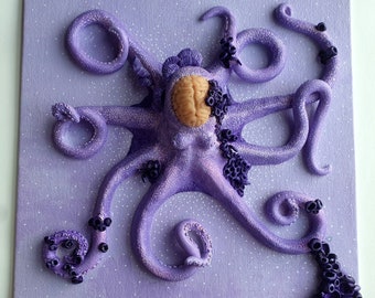 Octopus sculpture/ Polymer clay sculpture/ 3D painting/ Wall art