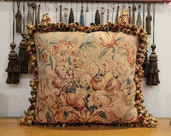 18th Century French Aubusson Tapestry Pillow - Floral and Fruit