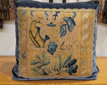 17th C Brussels Tapestry Pillow - Antique Metallic Trims on Ocean Blue Silk Velvet