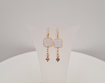 Pearl Chalcedony Gold-Earrings, Lavender Chalcedony, Peacock Champagne & White Pearl, Gold Plated, Sterling Silver