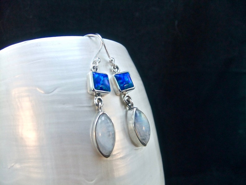 Blue Fire Opal /& Rainbow Moonstone Marquise Sterling Silver Earrings