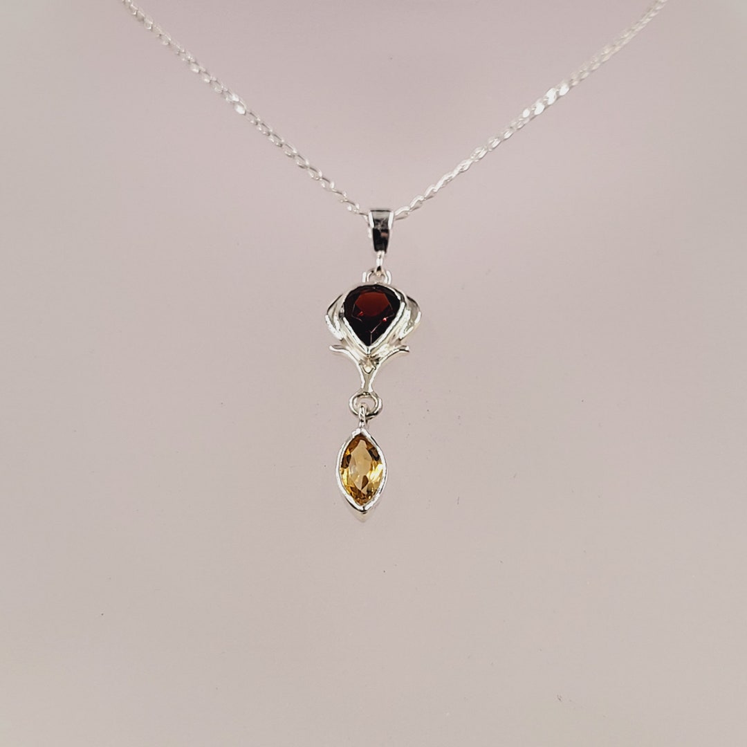 Collier Pendentif En Argent 925 Avec Citrine, Grenat, Calcédoine Et Diamant - Modèle 1036 Rose-Mimosa