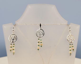 Emerald Pearl Tree-Set, Tree of Life Design, Nature Collection, Fresh Water Pearl, Natural Green Emerald Gemstone Beads