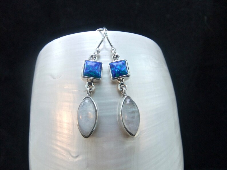 Blue Fire Opal /& Rainbow Moonstone Marquise Sterling Silver Earrings