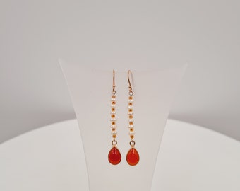 Boucles d’oreilles en perles de cornaline, cornaline rouge, perle d’eau douce, plaqué or rose, argent sterling, boucles d’oreilles