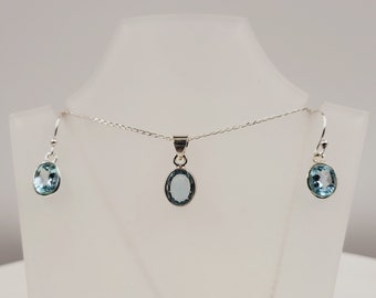Blue Topaz Set, Semi Precious Gemstones, Handmade Jewellery, Sterling Silver, Drop Earrings & Necklace