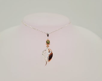 Tourmaline Leaf Necklace, Green Tourmaline, Leaf Design, Rose Gold Accents, Sterling Silver