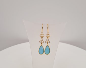 Chalcedony Zirconia Earrings, Blue Chalcedony, Cubic Zirconia, Gold Plated, Sterling Silver