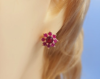 Pendientes de rubí y granate, rubí rosa, chapado en oro rosa, piedras preciosas naturales, joyas hechas a mano, plata de ley, pendientes tipo botón