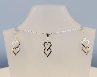 Silver Celtic-Heart Set, Celtic Heart Design, Rose Gold Accents, Sterling Silver, Drop Earrings & Necklace