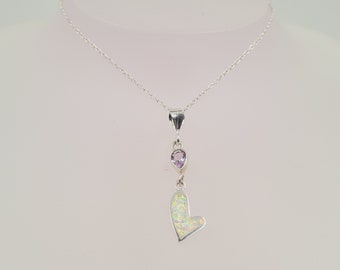 Amethyst Opal Necklace, White Fire Opal, Heart, Semi Precious, Handmade Gemstone Jewellery, Sterling Silver