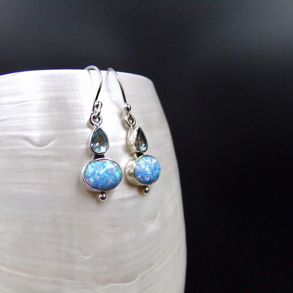 Blue Topaz, Light Blue Opal, Sterling Silver, Drop Earrings