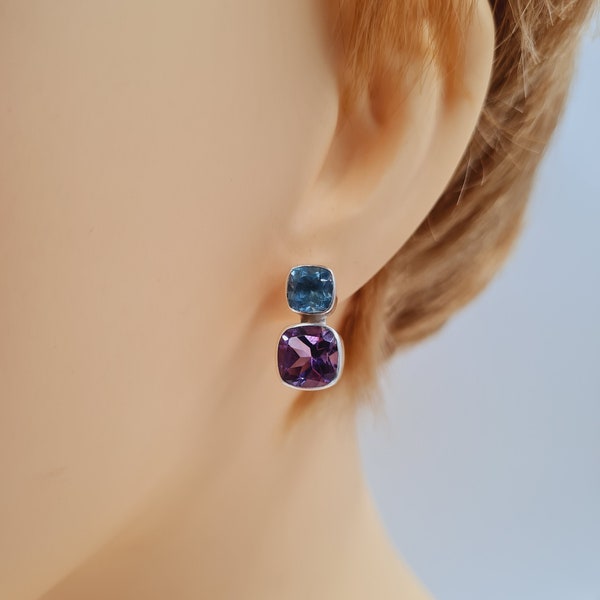 Topaz Amethyst Earrings, Semi Precious Gemstones, Sterling Silver, Stud Drop Earrings