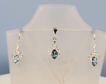 Sky-Blue Topaz Celtic-Set, Celtic Design, Semi Precious, Handmade Gemstone Jewellery, Sterling Silver, Drop Earrings & Necklace