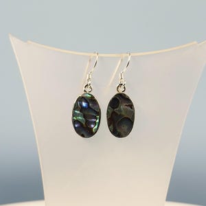 May include: A pair of oval drop earrings. Each earring has an iridescent abalone shell set in a silver-tone metal frame. The abalone shells display blues, greens, and purples. The earrings hang from simple, curved ear wires. The earrings are a beautiful accessory.