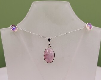 Pink Moonstone Set, Semi Precious Gemstones, Handmade Jewellery, Sterling Silver, Stud Earrings & Necklace