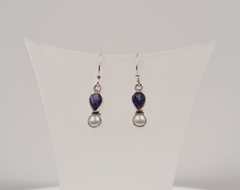 Iolite Pearl Earrings, Semi Precious Gemstone, Handmade Jewellery, Sterling Silver