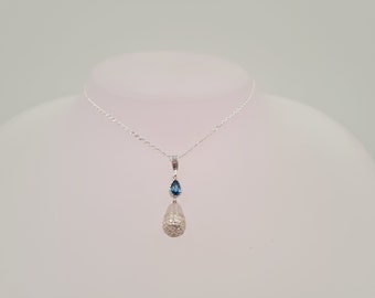 Topaz Zirconia Necklace, London Blue Topaz, Cubic Zirconia, Semi Precious Gemstones, Sterling Silver