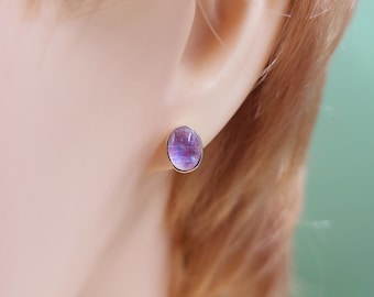 Pendientes de piedra lunar rosa, piedras preciosas semipreciosas, joyas hechas a mano, plata de ley, pendientes tipo botón